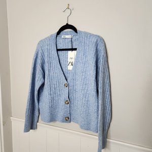 ZARA Blue Knit Button Down Cardigan Sweater NWOT